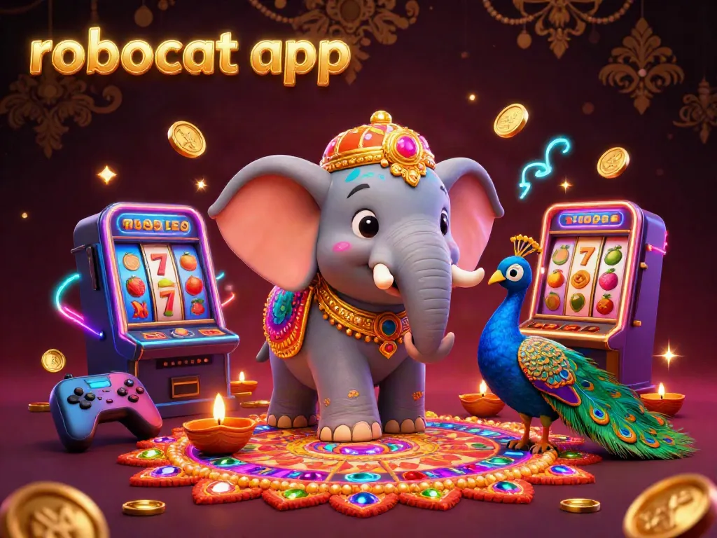 Play the exciting robocat app casino games with vibrant 3D visuals and festive elements in this captivating illustration.