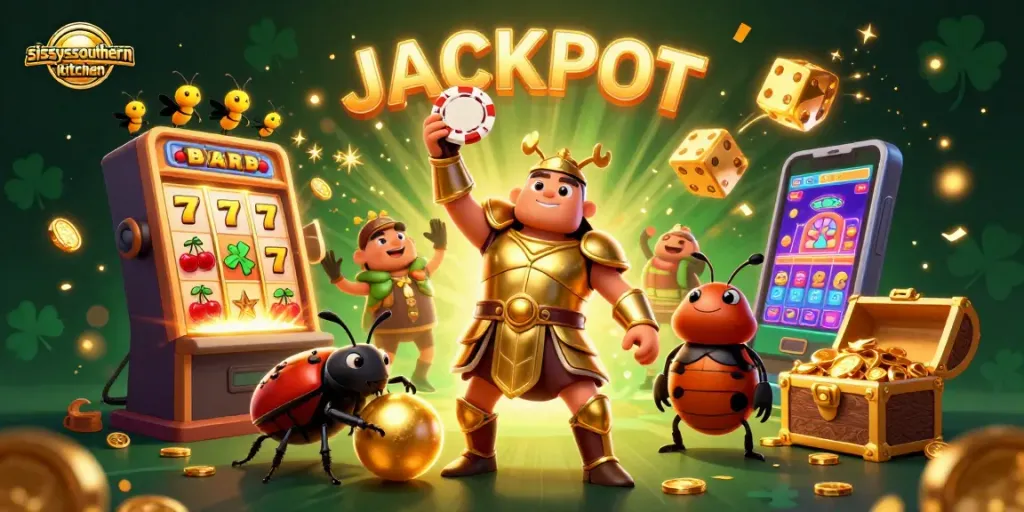Sissy's Southern Kitchen showcases vibrant jackpot action in this 3D casino-themed illustration