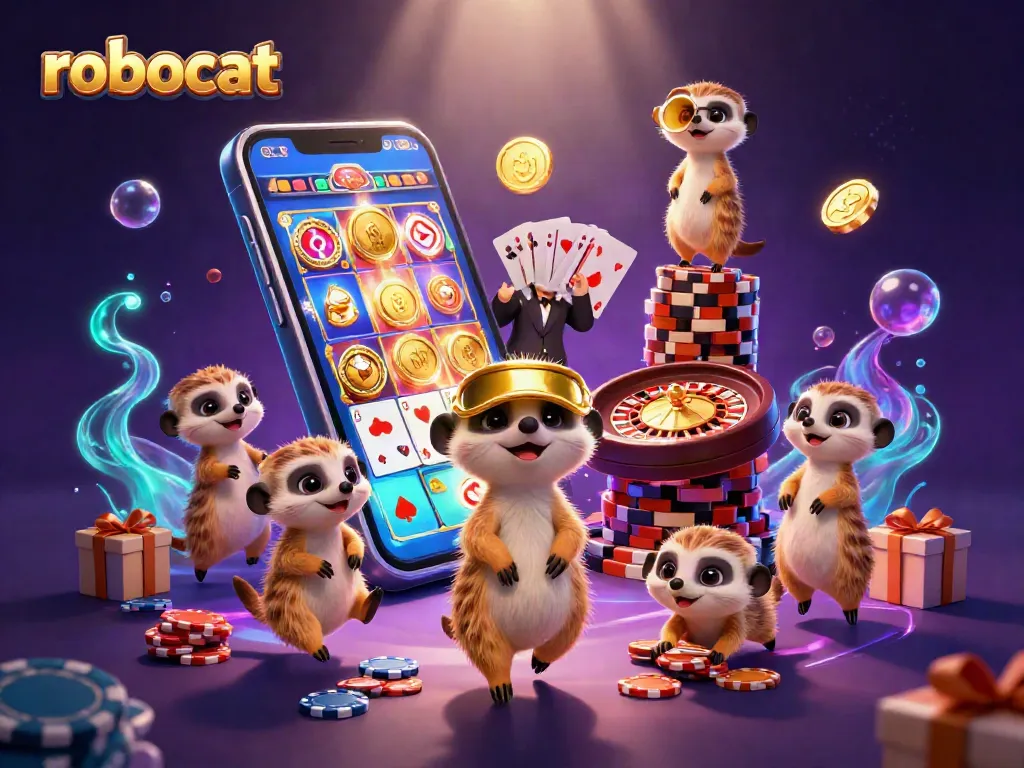 Experience the excitement of Robocat with dynamic meerkats orchestrating a vibrant casino scene
