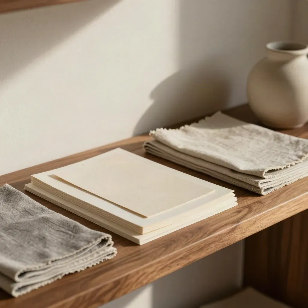 Muestras de identidad visual, tejidos y papeles en una estantería cálida de estudio.