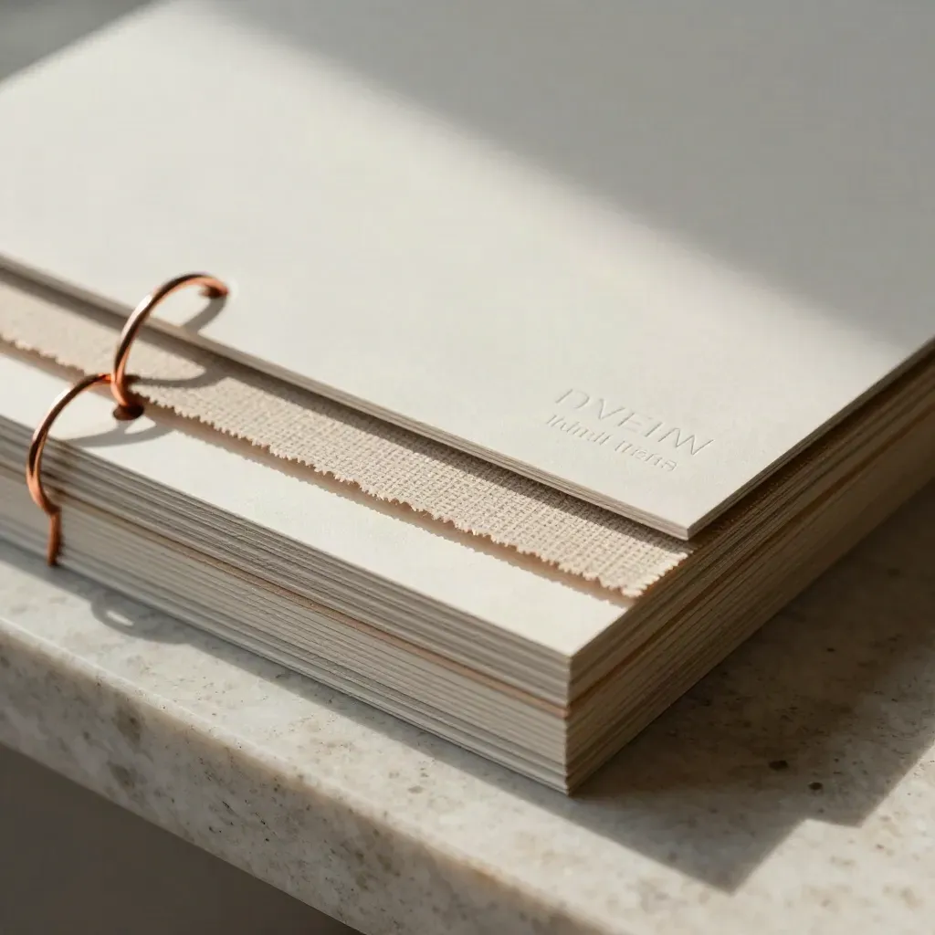 Muestra de auditoría de marca con tarjetas en blanco, muestras y maquetas de packaging sobre travertino.