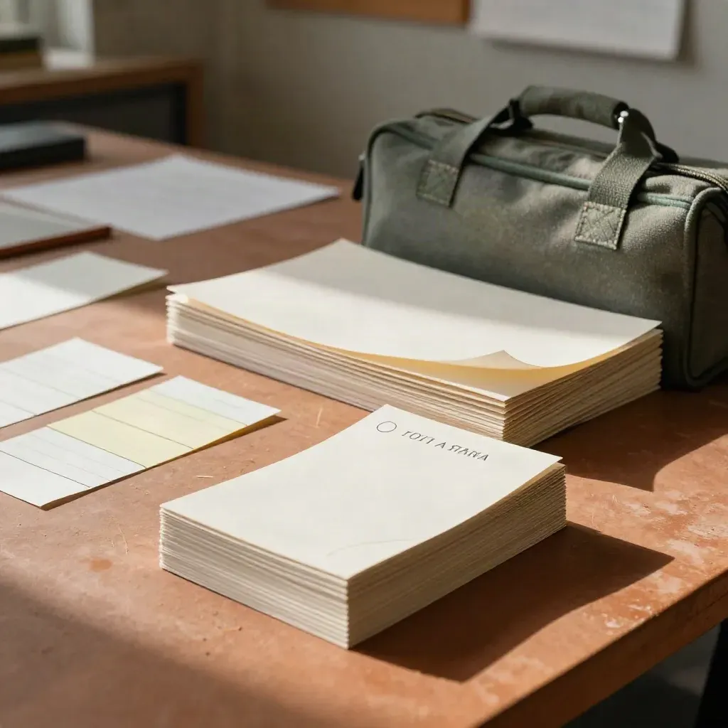 Kit de taller de lanzamiento con tarjetas plegables, post-its y caja de lona en mesa cálida.