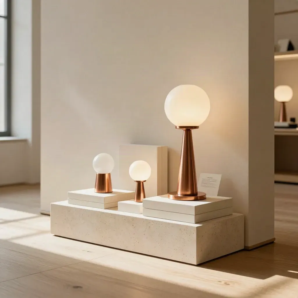 Rincón de showroom luminoso con lámpara escultórica, cajas alineadas y peana de travertino.