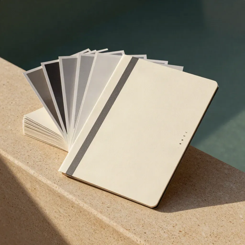 Carpeta, muestras selladas y tarjetas curvas en un conjunto de marca sobrio sobre travertino.
