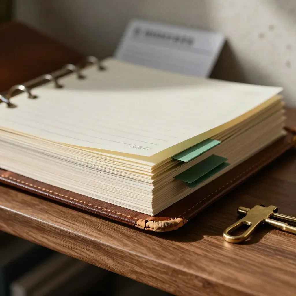 Carpeta de cuero, fichas, pestañas verdes y clip de latón sobre repisa de nogal.