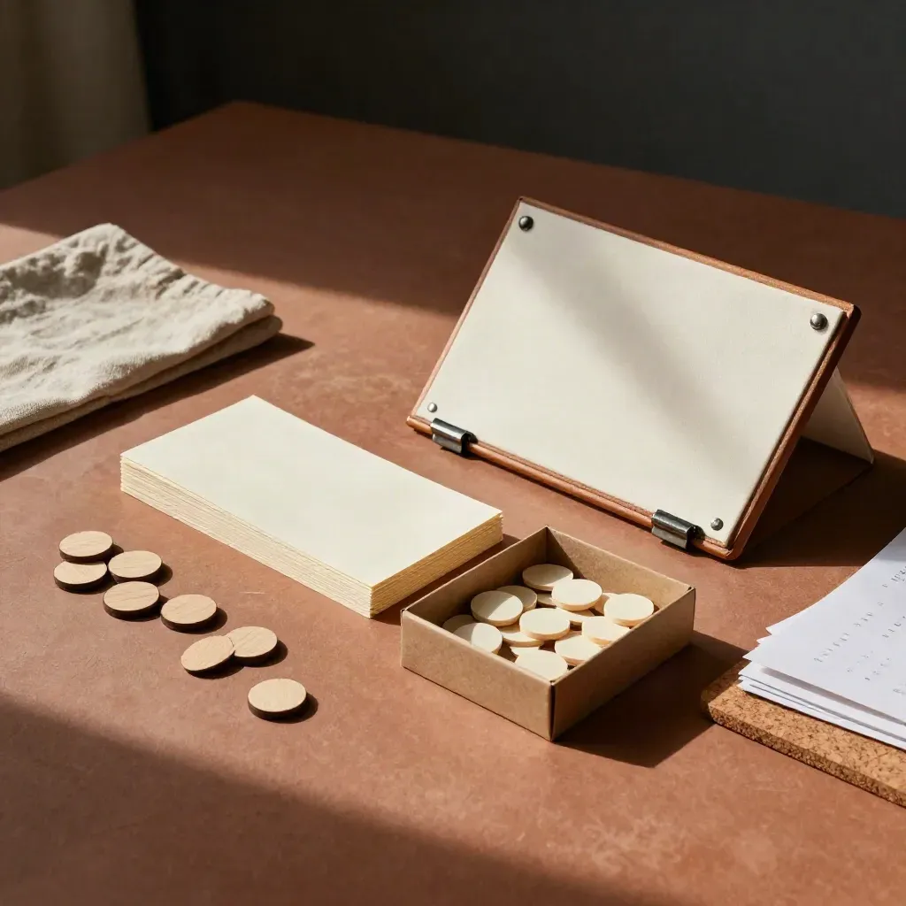 Kit de taller de marca con tarjetas, fichas de madera y tablero plegable sobre barro terracota.