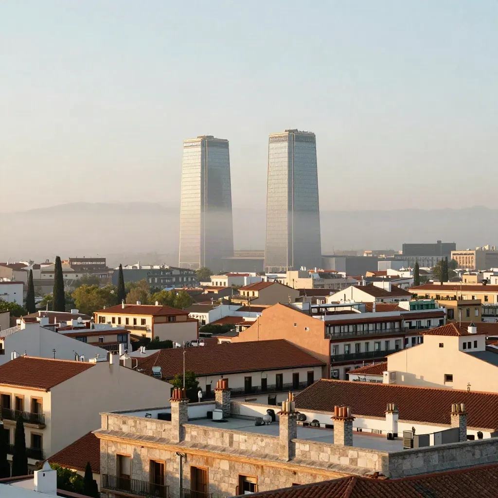 Las Cuatro Torres sobre tejados madrileños envueltos en niebla suave al amanecer.