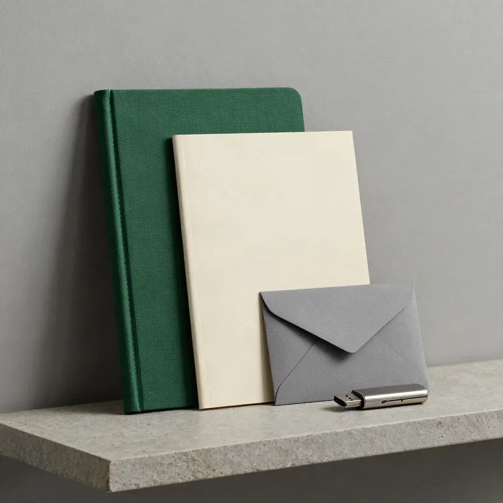 Folio de entrega con sobre sellado, carpeta forrada y USB sobre repisa de piedra.