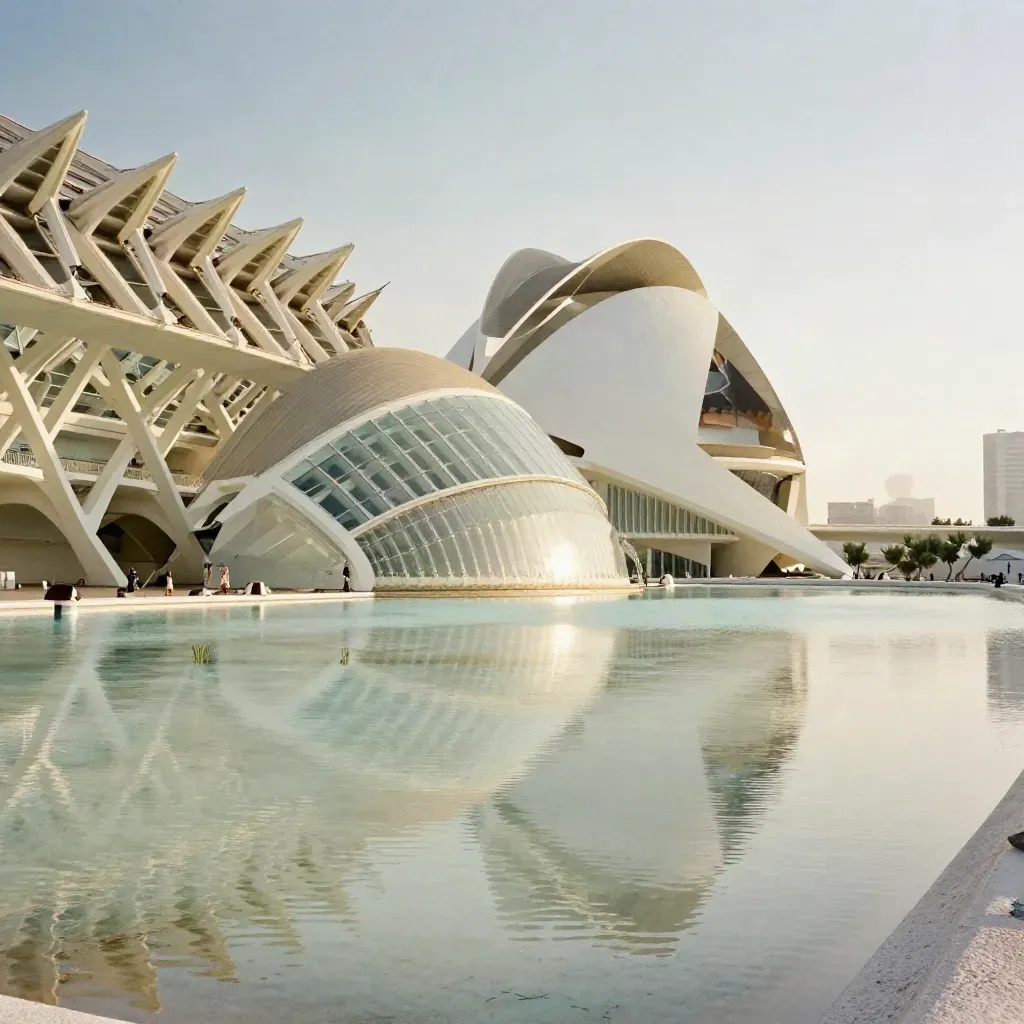 Ciudad de las Artes y las Ciencias sobre agua en calma, con niebla cálida y reflejos suaves.