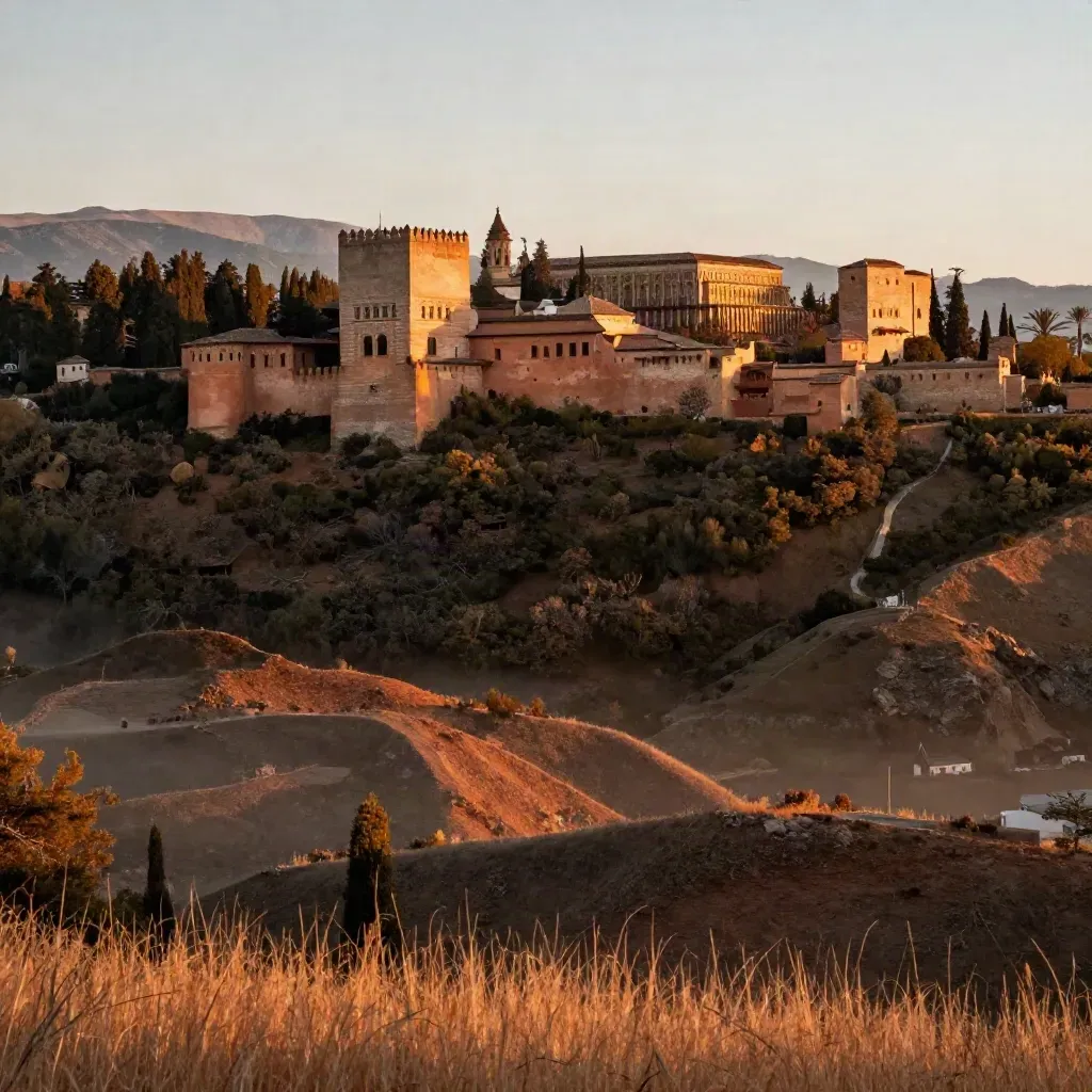 La Alhambra y Sierra Nevada al atardecer, con colinas doradas y espacio limpio para texto.