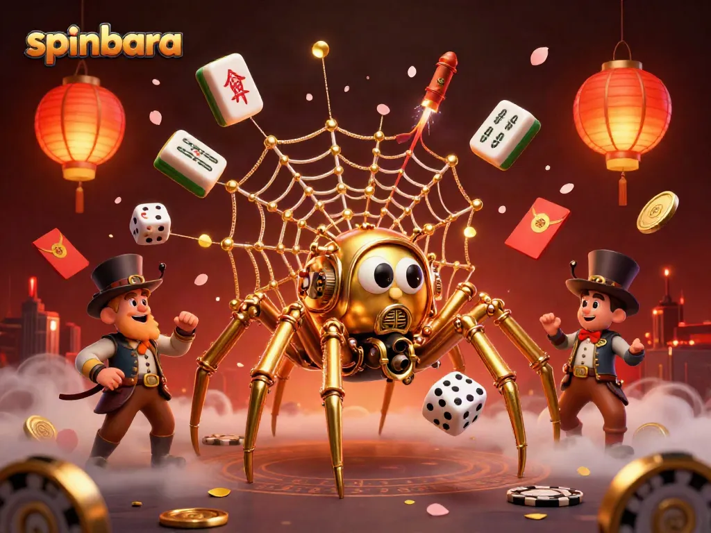 Spinbara's steampunk spider weaves luck with golden chains and poker chips in a vibrant casino scene.