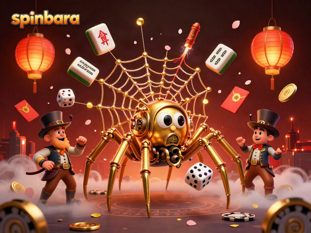 Spinbara's steampunk spider weaves luck with golden chains and poker chips in a vibrant casino scene.