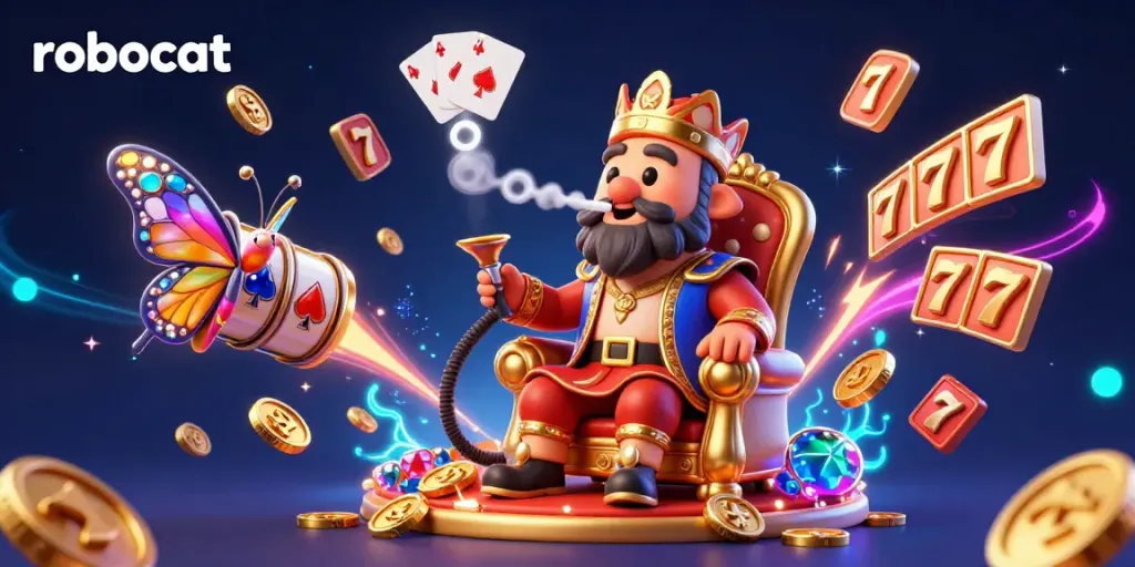 Experience the thrill of Robocat with vibrant slot machines and exciting casino elements in this dynamic illustration.